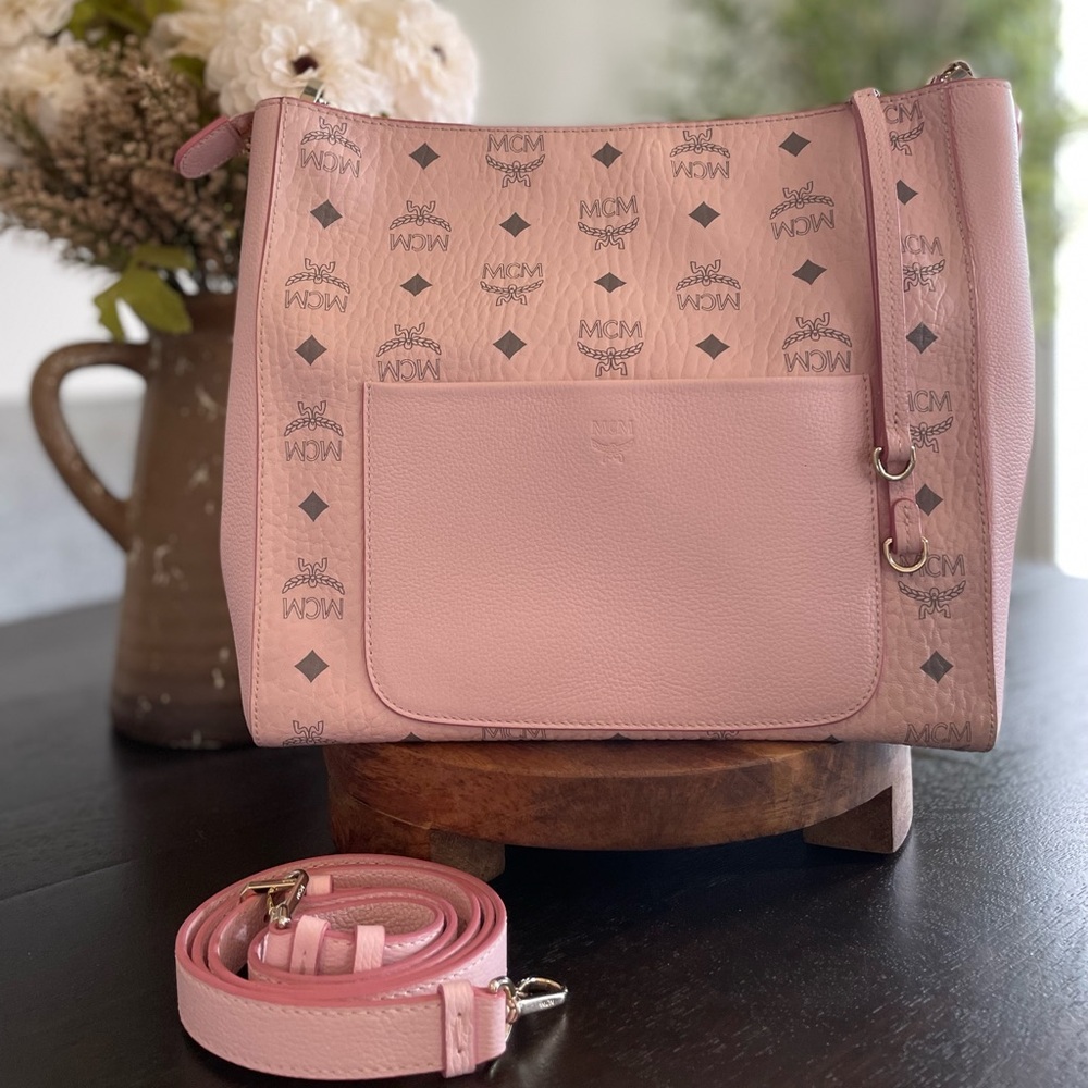 MCM Powder Pink Monogram Aren 9” Drop Handle or Crossbody Bag Authentic